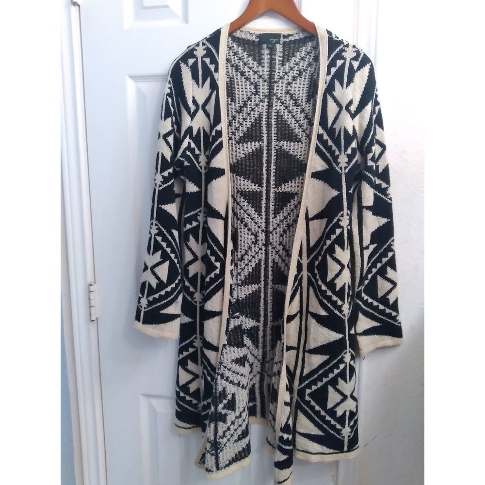 Boho Geometric Long Cardigan Sweater Black & Cream Aztec Print Open Front Duster